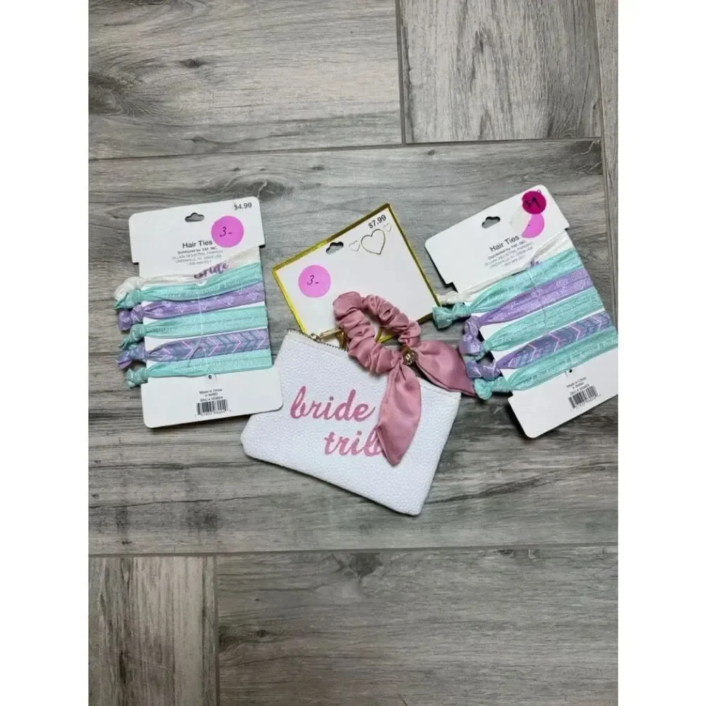 Bride Tribe White Pouch Pink Script and Pink Blue Scrunchie Keyring Set Bundle